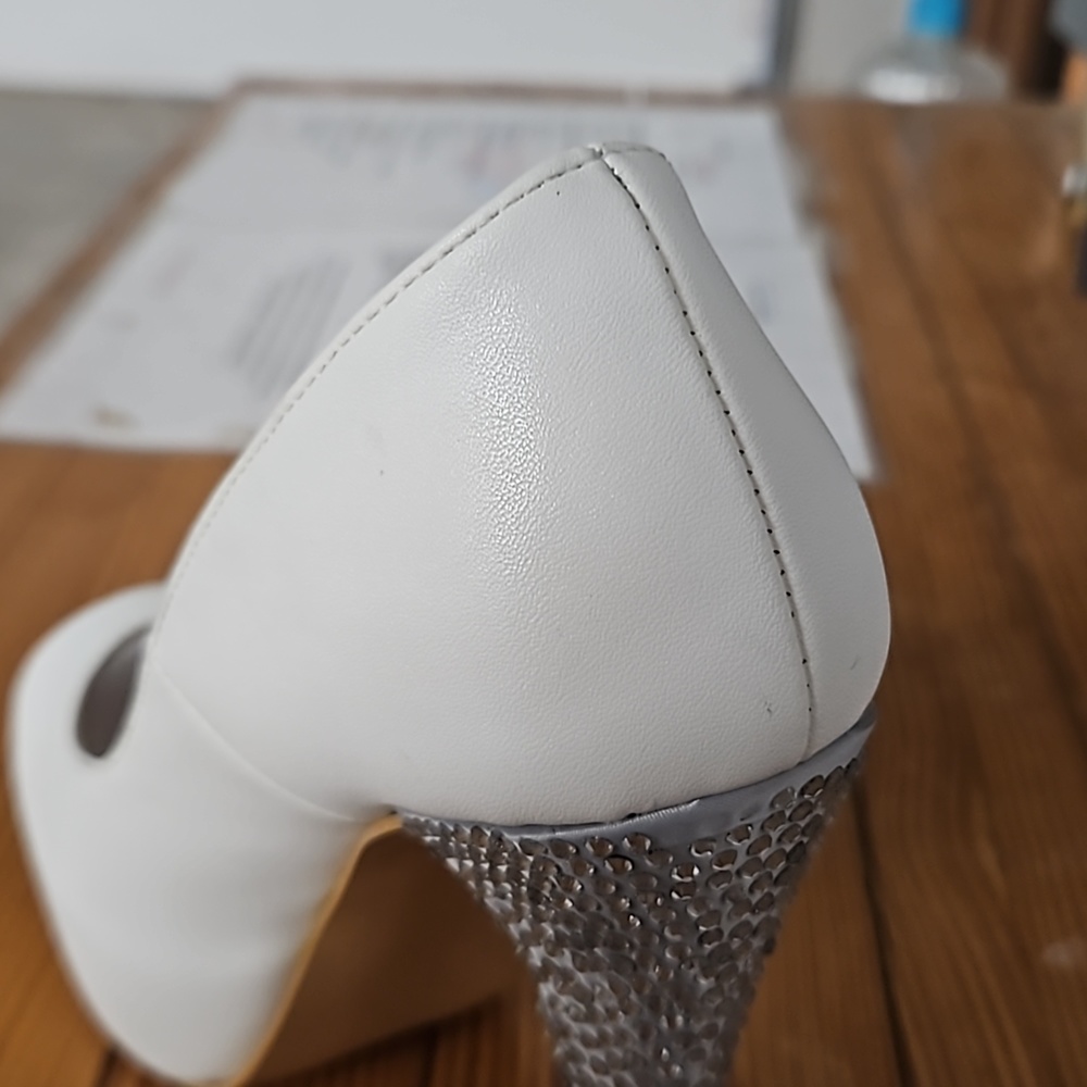 White Open-Toe High Heel Pumps with Crystal-Studded Heel - Picture 10 of 12